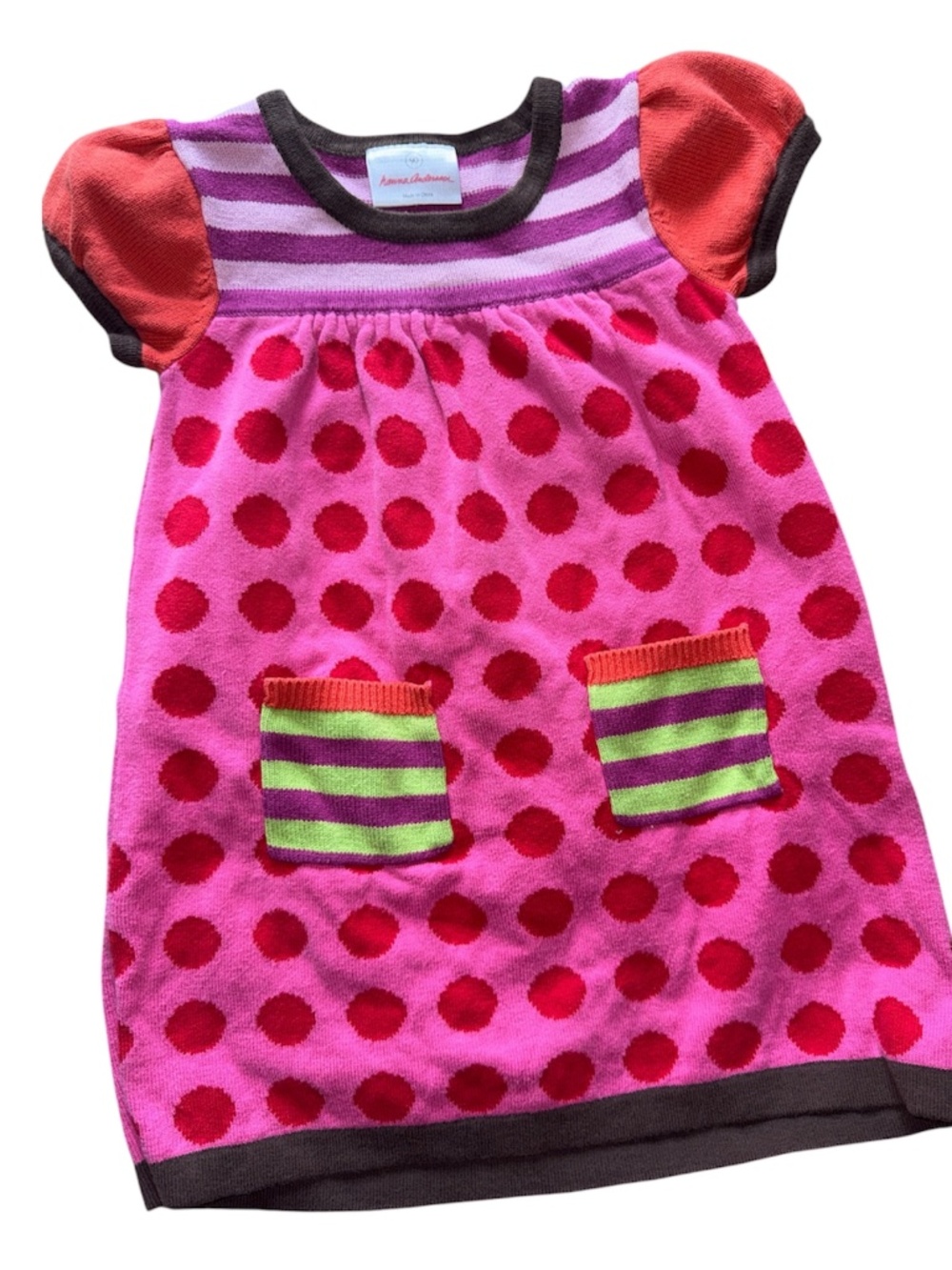 Hanna Andersson Playful Knit Sweater Dress - Size 90 (US 3T) Pink, Dots Stripes